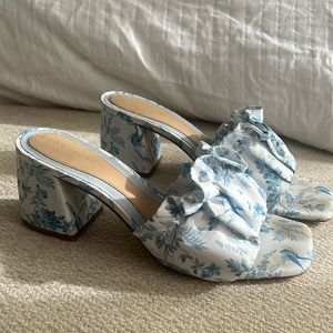 Blue toile slip-on heels